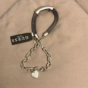GUESS Silver and Black Mesh Bracelet with Heart Charm 2 bracelets